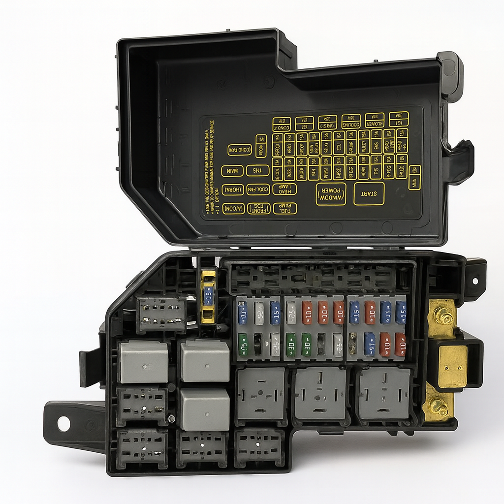 باکس فیوز محفظه موتور سایپا ریو کنار باتری با لیبل زرد چیدمان
